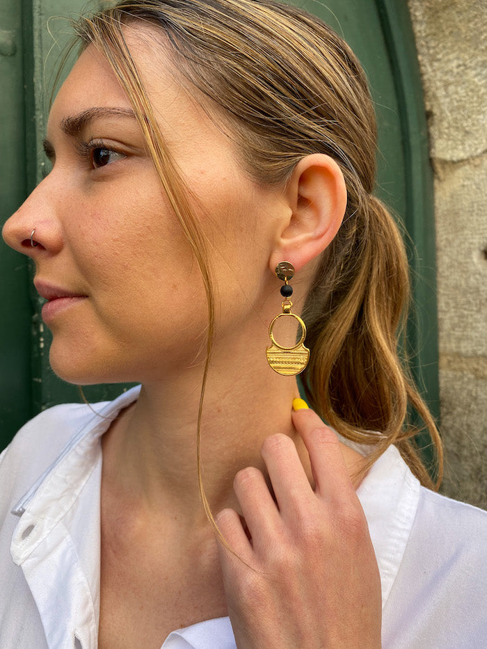 Boucles d'oreilles Aztèque dorées et onyx