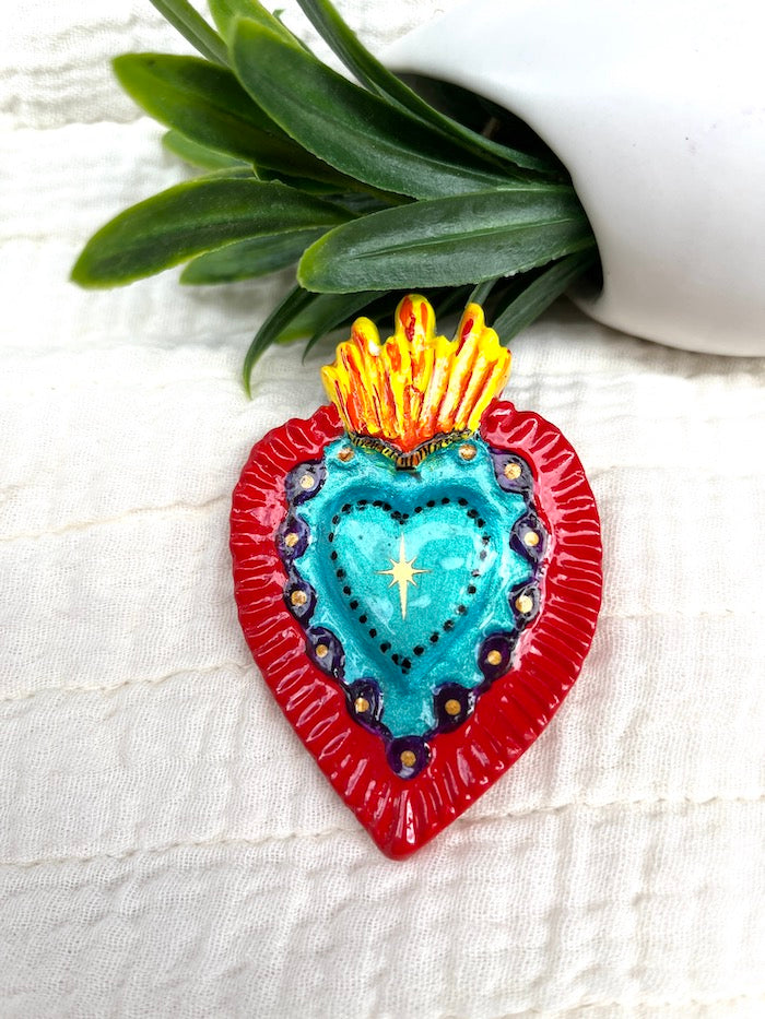 Broche coeur Ex Voto turquoise et rouge Rose Karma©
