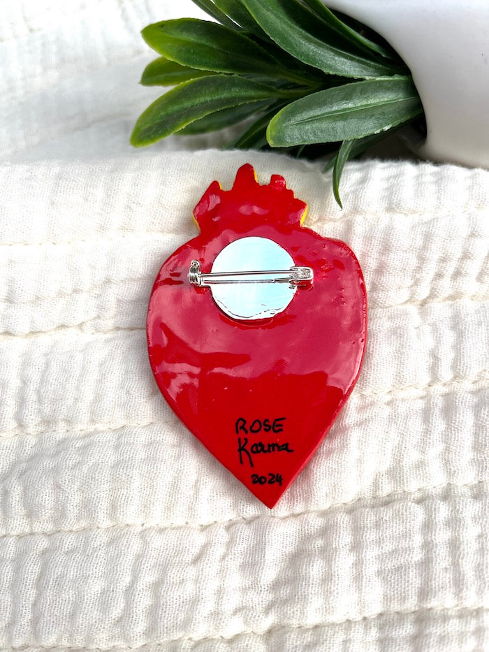 Broche coeur turquoise et orange Ex Voto Rose Karma©