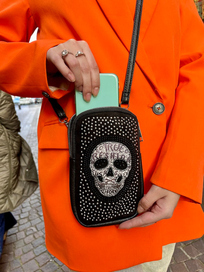 Etui de téléphone tête de mort en strass