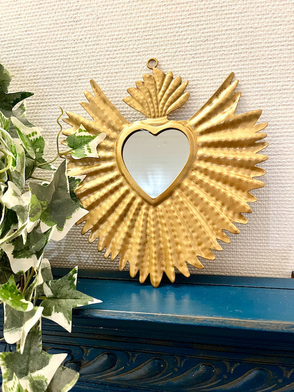 Ex-Voto miroir rayonnant en métal doré