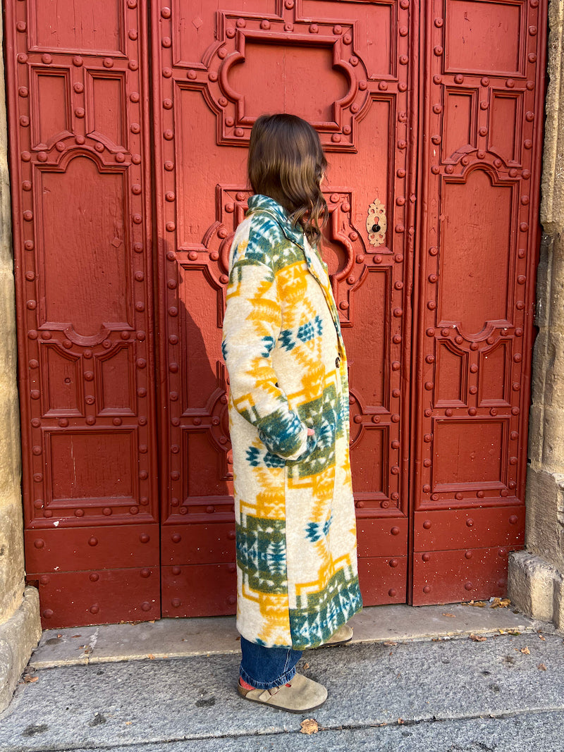 Manteau long en laine imprimé ethnique