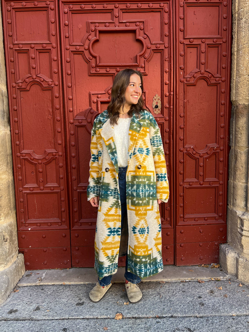 Manteau long en laine imprimé ethnique