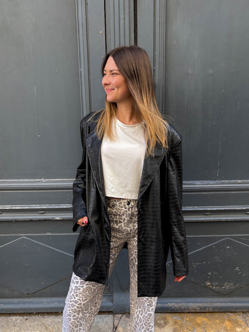 Blazer oversize en similicuir noir crocodile - April Vintage