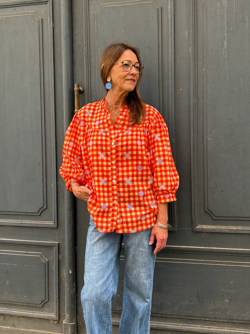 Blouse bohème à fleurs - imprimé Vichy et fleurs