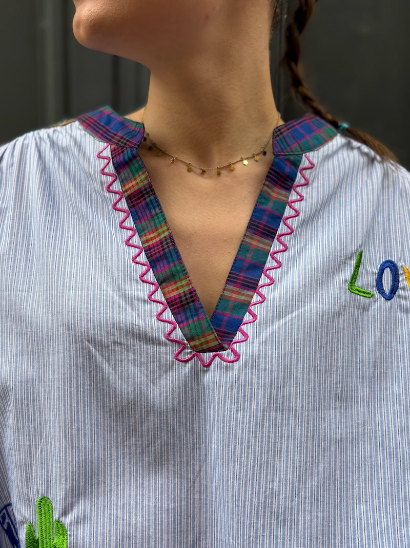 Blouse bohème pour femme rayée et brodée