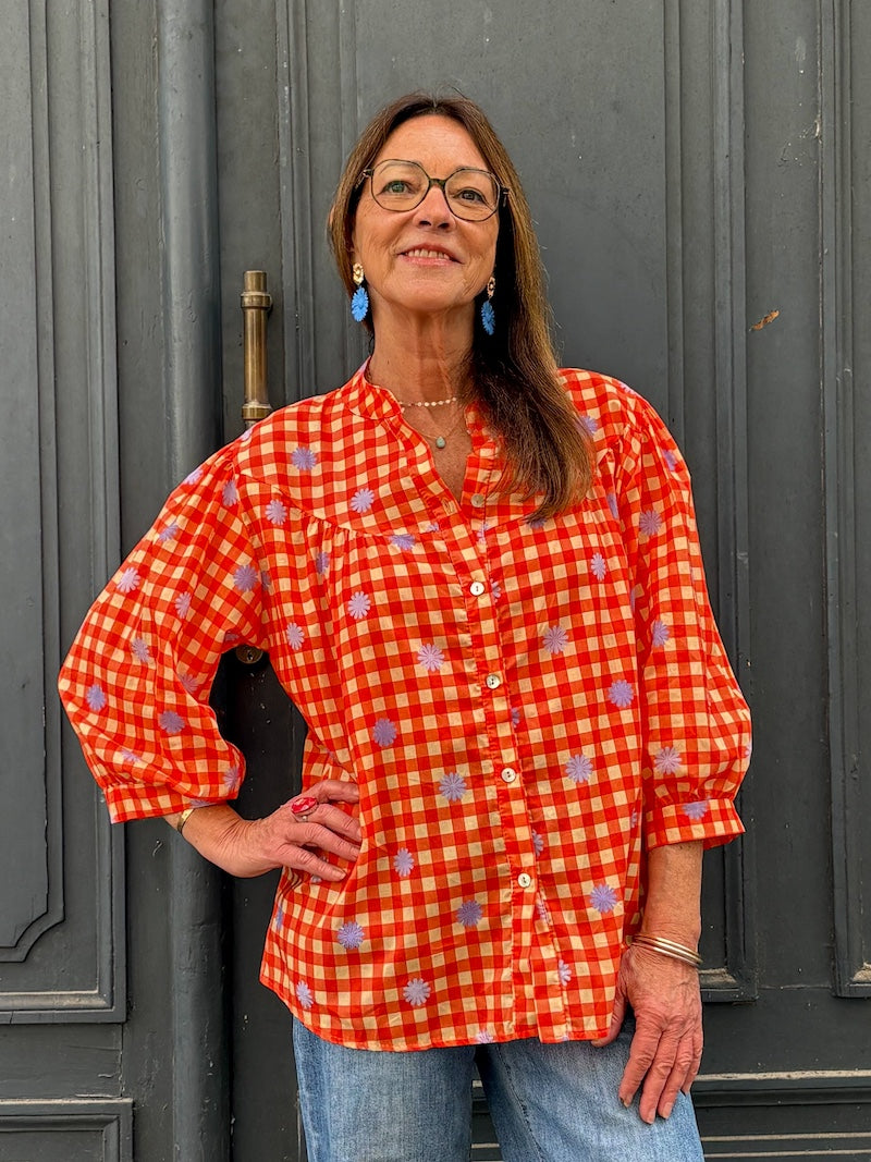 Blouse bohème à fleurs - imprimé Vichy et fleurs
