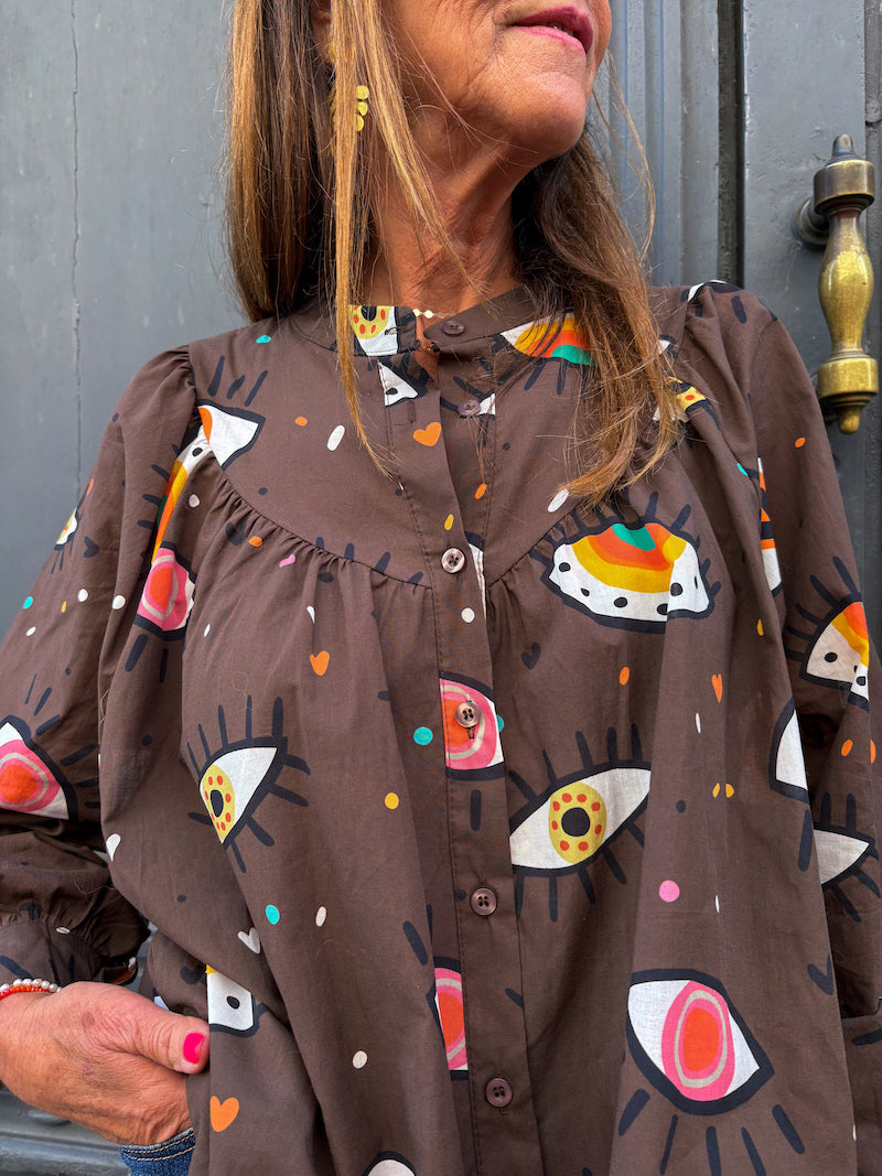 Blouse marron chocolat imprimé oeil protecteur coloré April Vintage