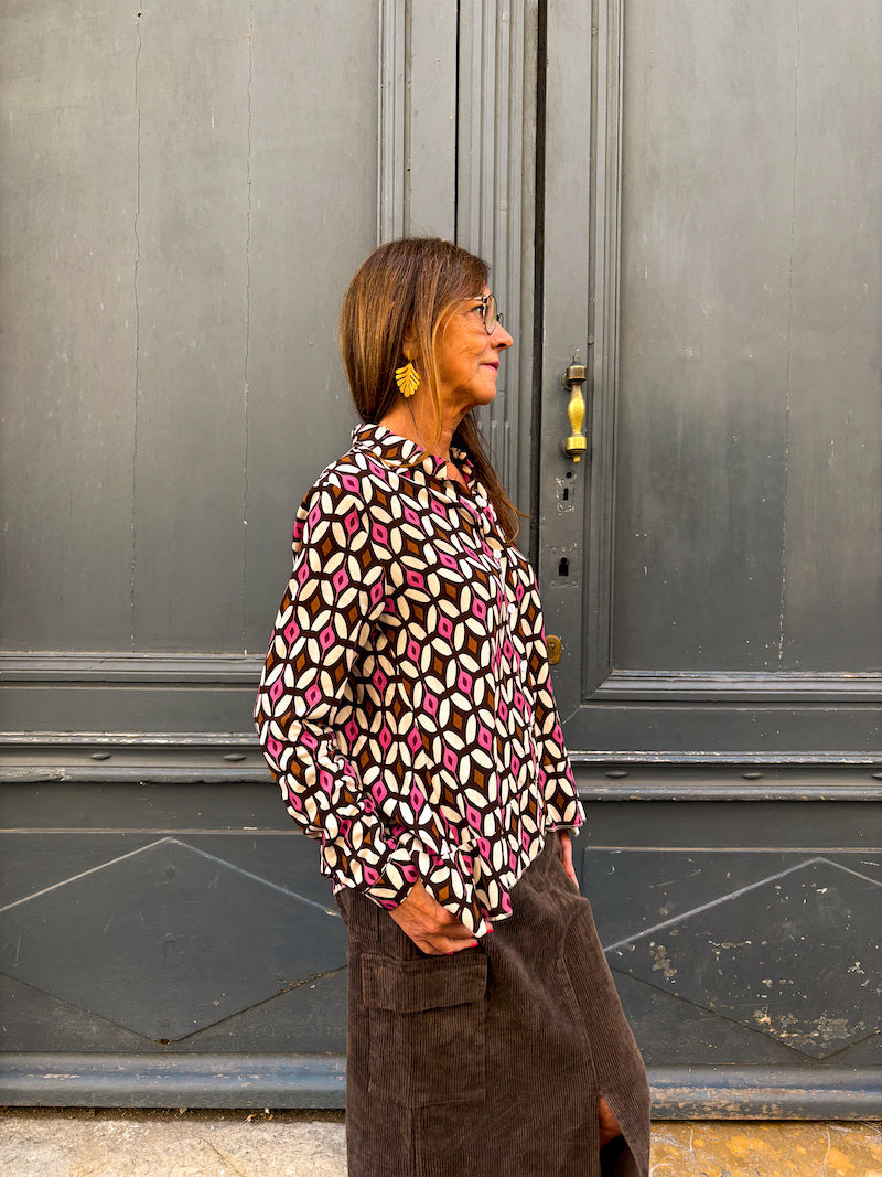 Chemise motif rétro vintage violet et marron