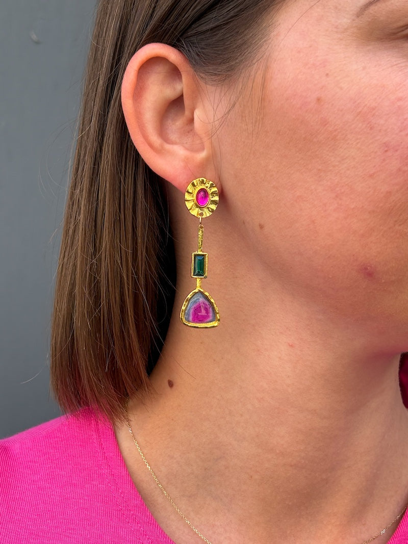 Boucles d'oreilles bohèmes roses et vertes
