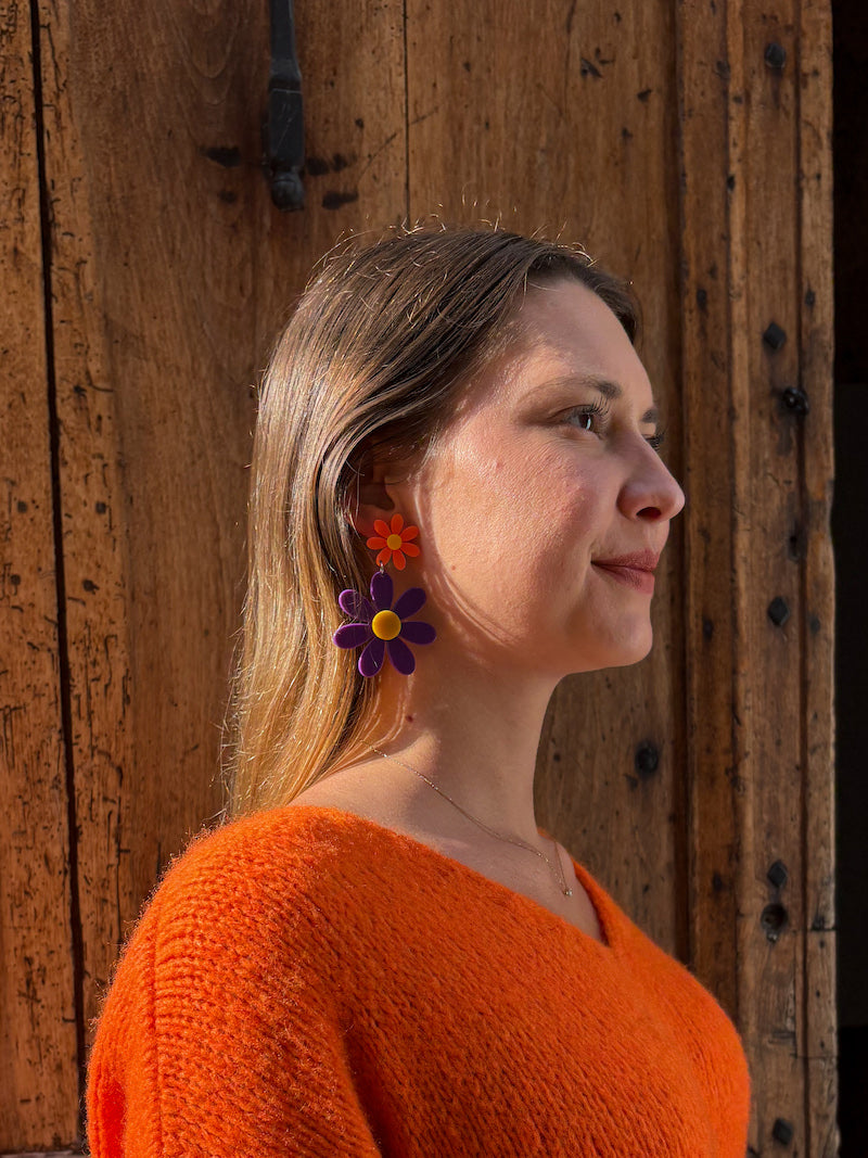 Boucles d'oreilles vintage fleurs violettes et oranges bohème
