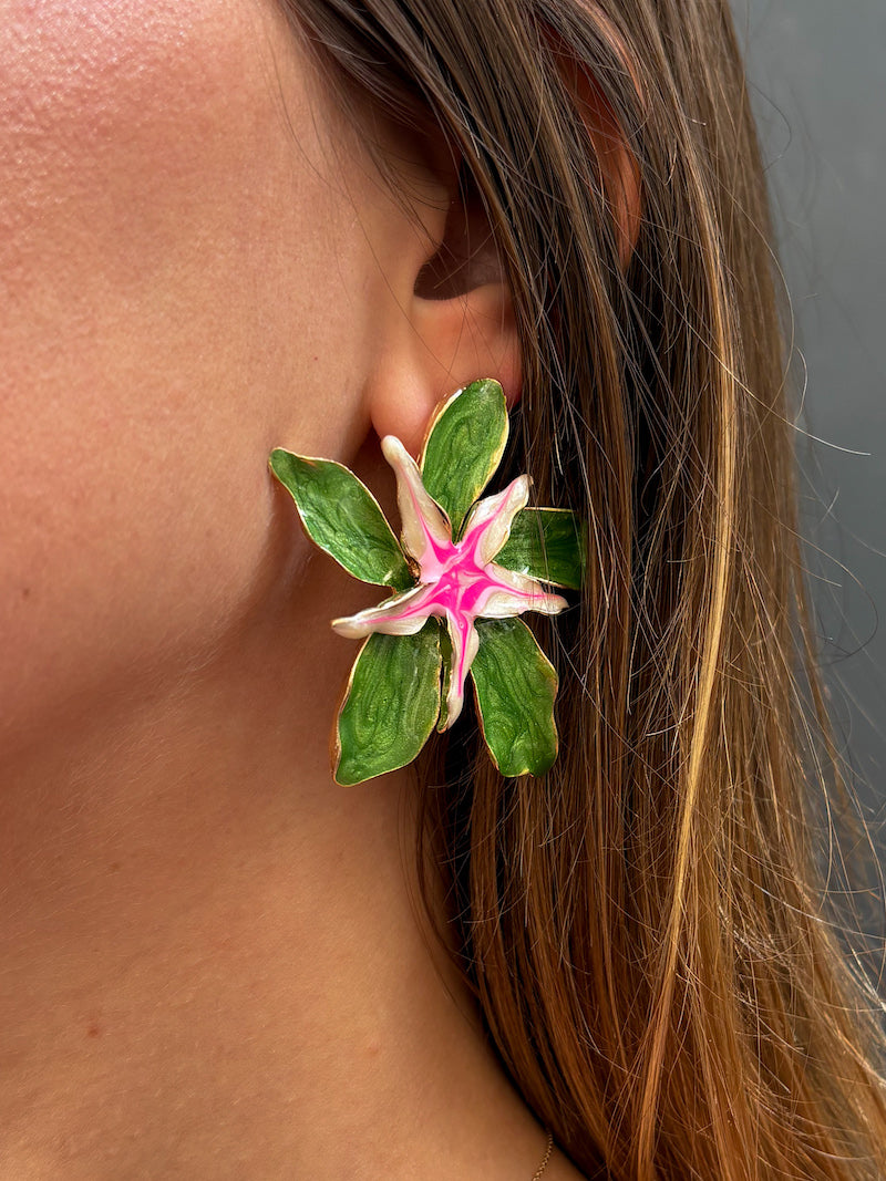 Boucles d'oreilles en acier fleurs vertes et roses