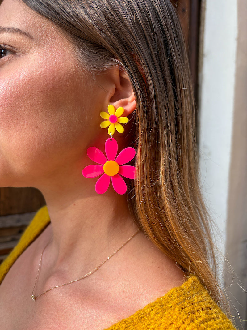 Boucles d'oreilles vintage à fleurs roses et jaunes