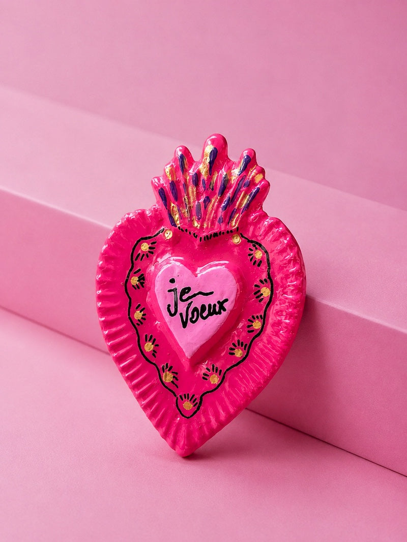 Broche cœur sacré ex-voto rose | Broche bohème fait main