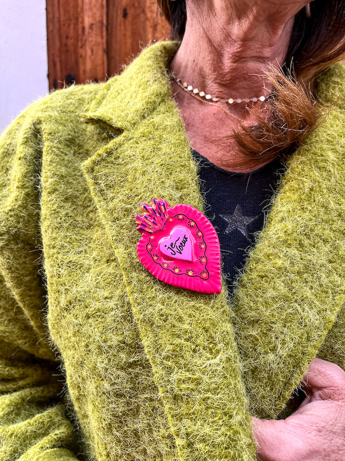 Broche coeur Ex-Voto rose "Je voeux" fait main