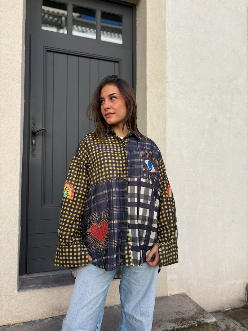 Chemisier ample bohème multicolore à carreaux