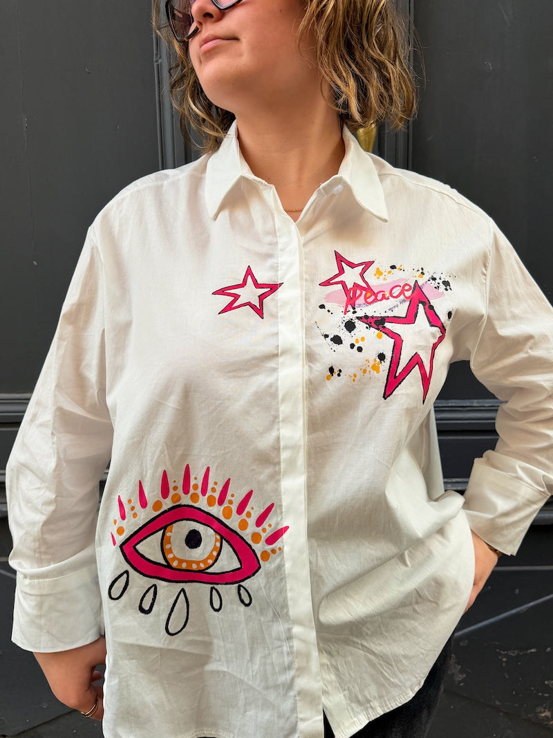 Chemisier blanc oversize motif bohème étoile - oeil sacré