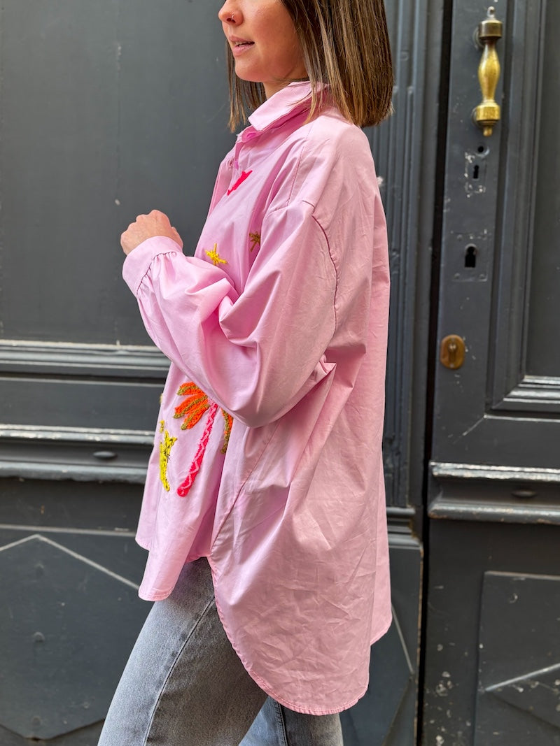 Chemisier oversize rose motifs bohèmes