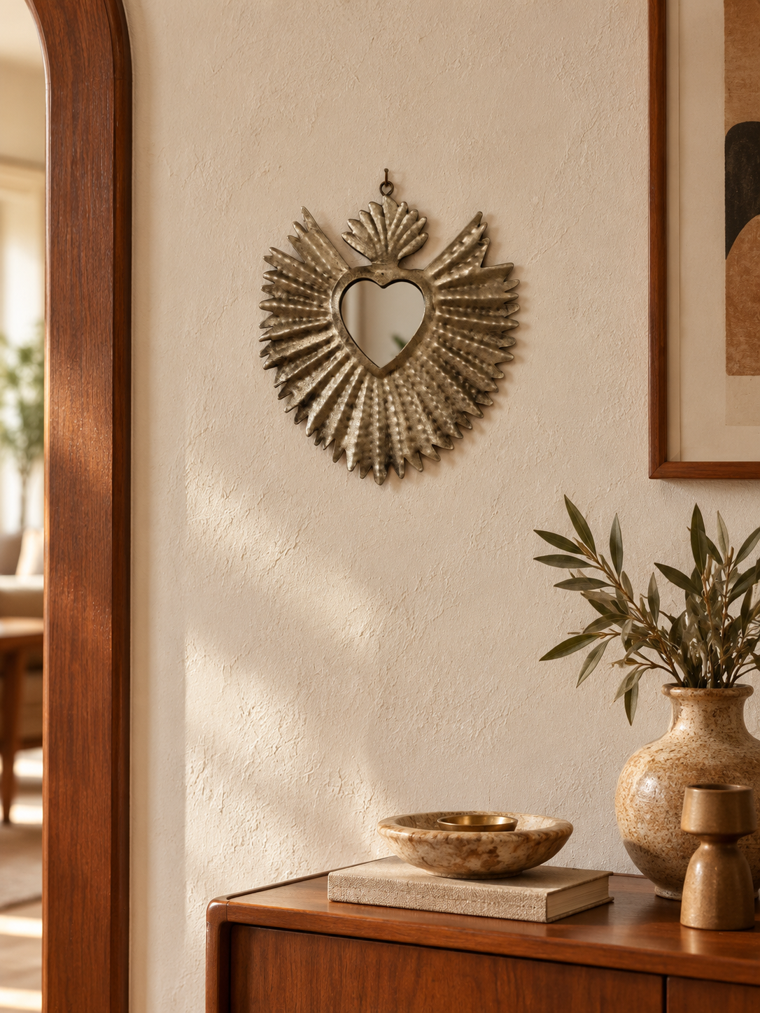 Ex-voto miroir Sacré-Cœur en métal martelé — Style Milagros