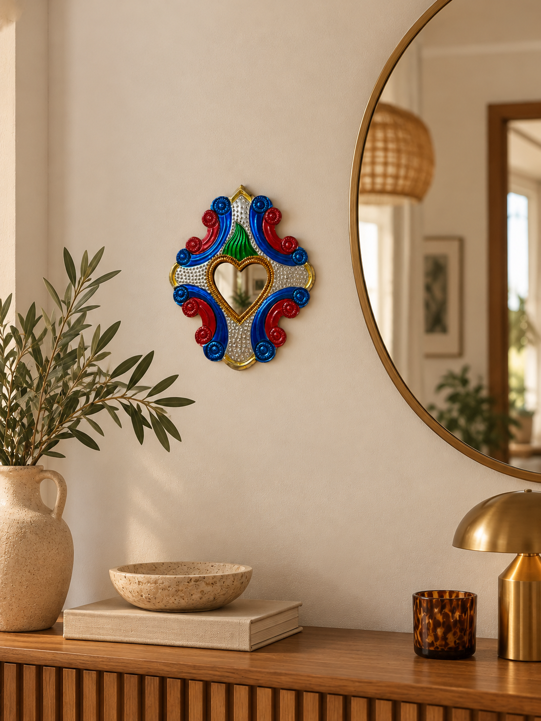 Ex-voto miroir Sacré-Cœur coloré en métal gaufré — Style Milagros