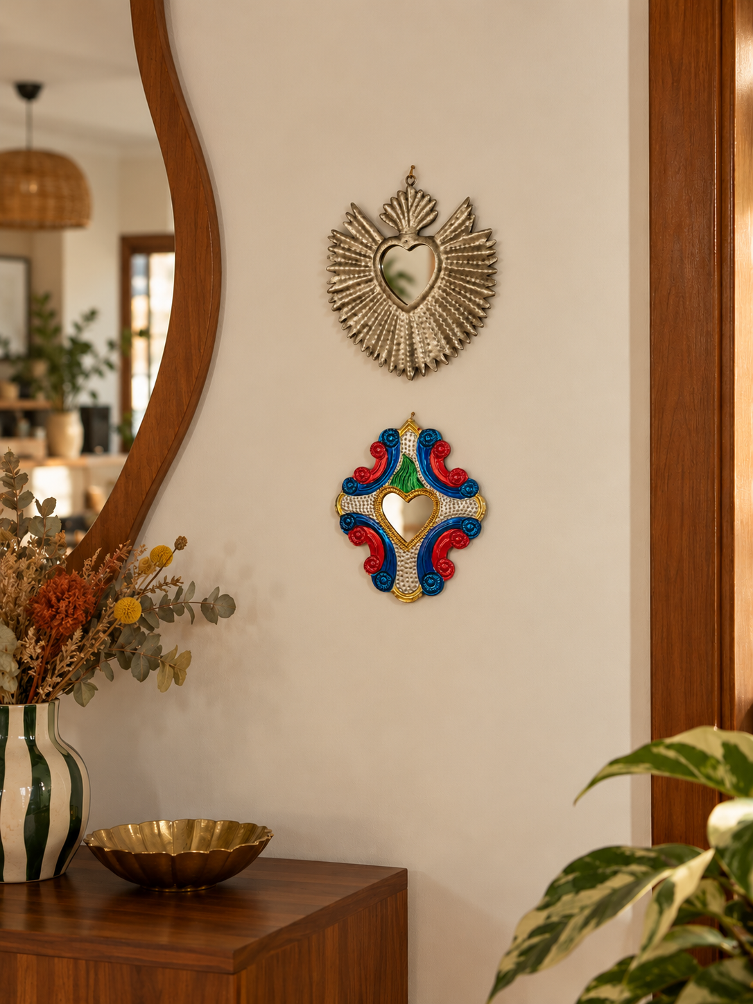 Ex-voto miroir Sacré-Cœur en métal martelé — Style Milagros