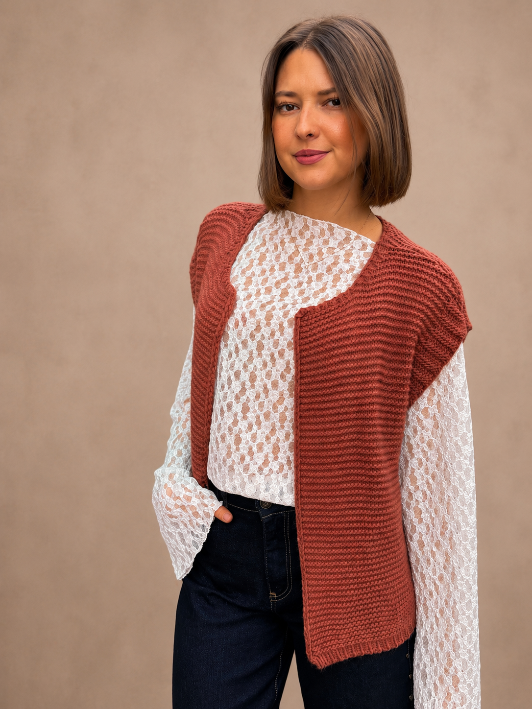 gilet sans manches en crochet terracotta tendance