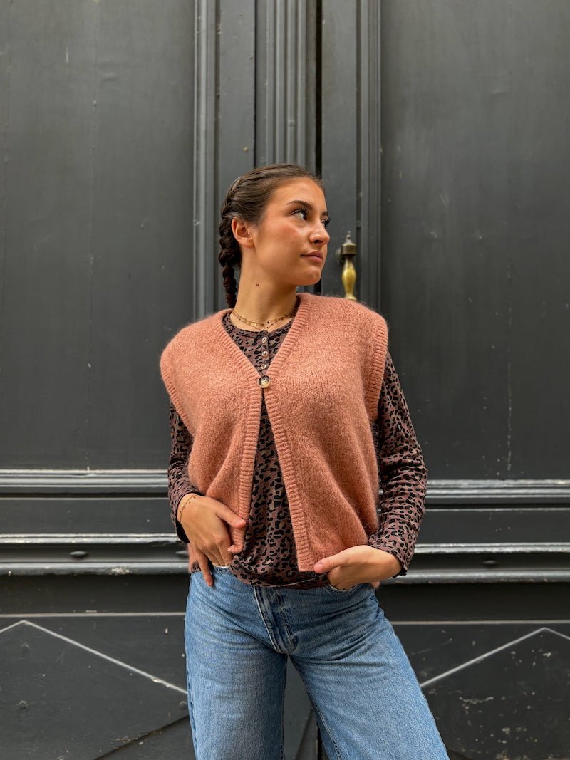 Gilet sans manches en maille rose poudré