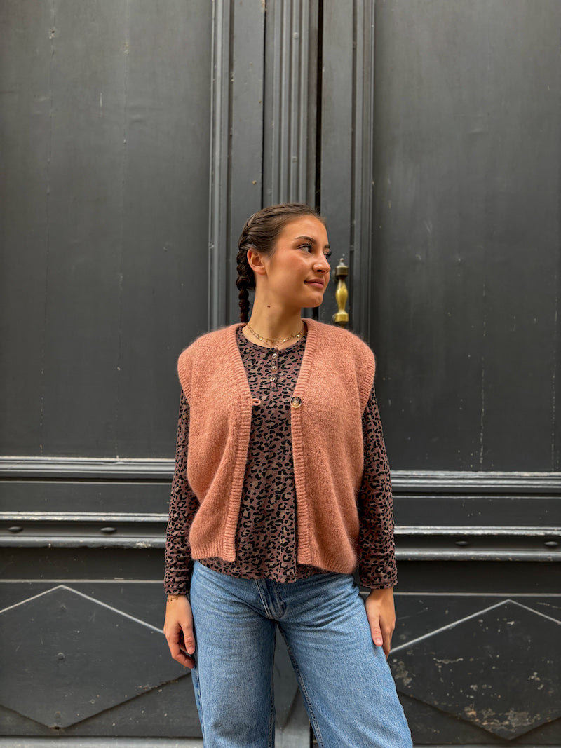 Gilet sans manches en maille rose poudré