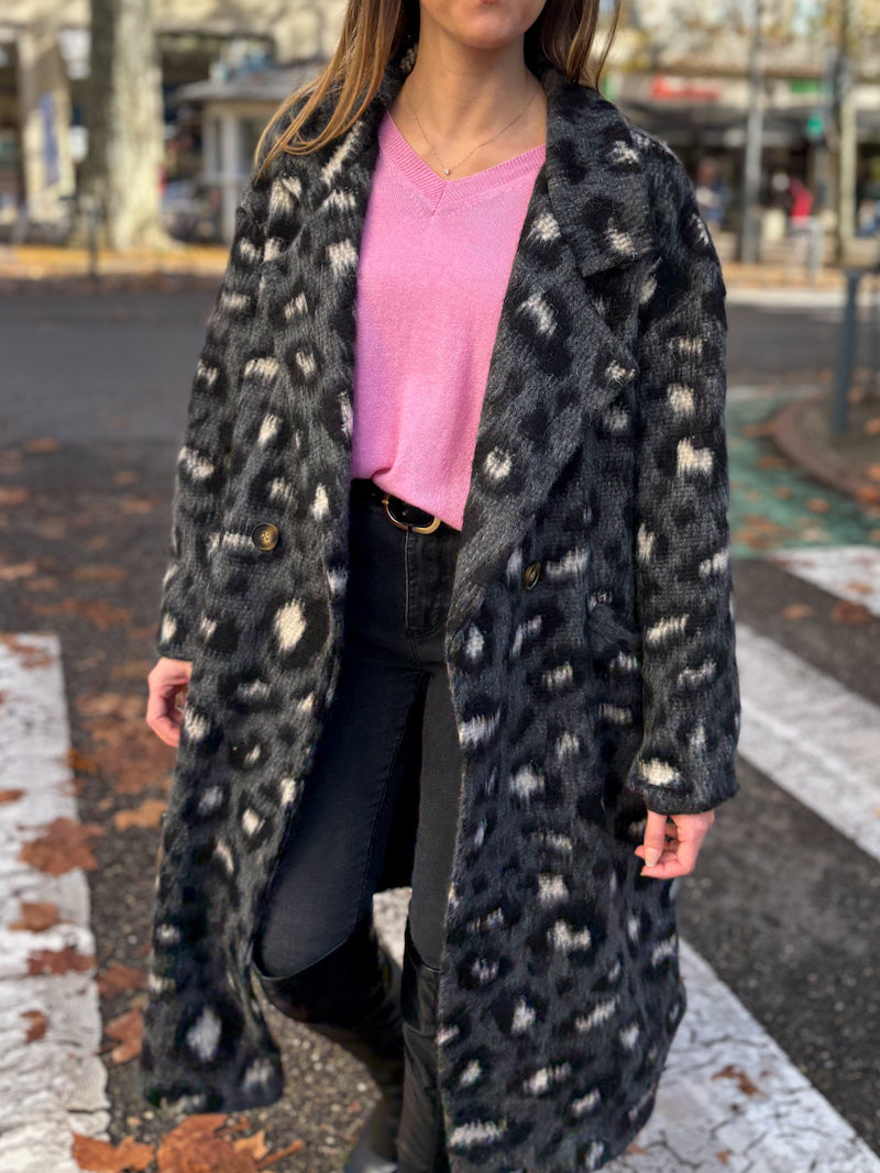 Manteau long en laine motif léopard