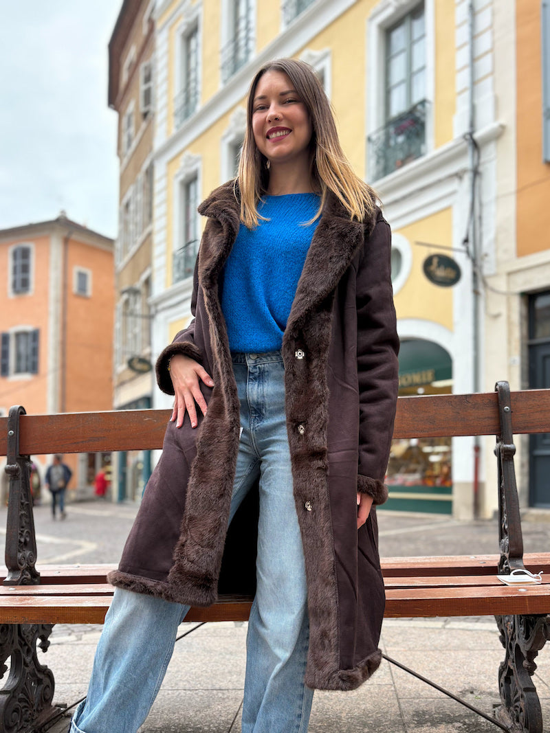 Manteau en fausse fourrure marron chocolat réversible