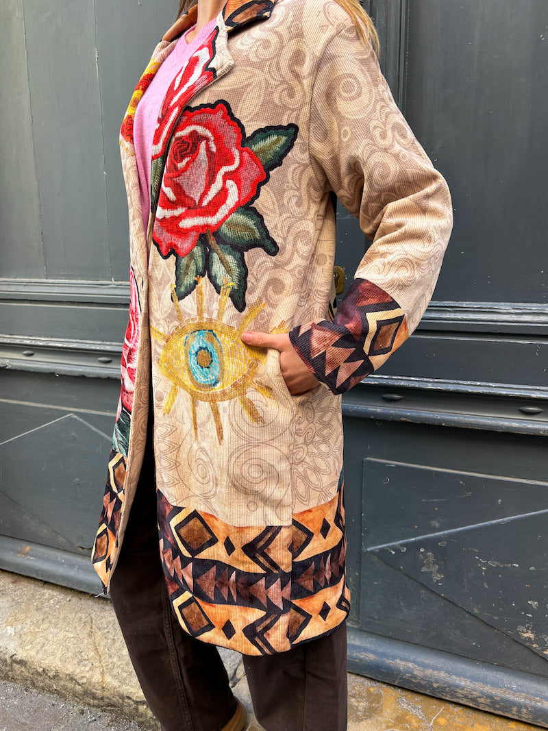 Manteau long femme imprimé Frida Kahlo et fleurs