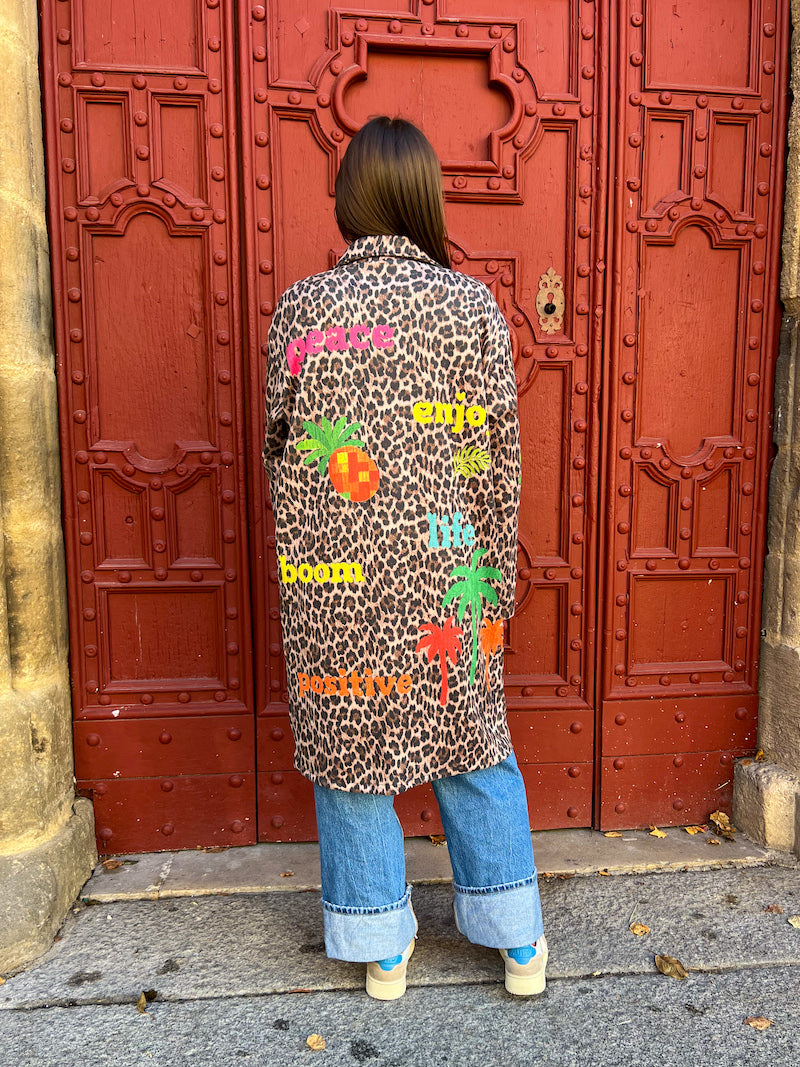 Manteau long imprimé léopard et motif fluo Ananas - Enjoy - Palmiers