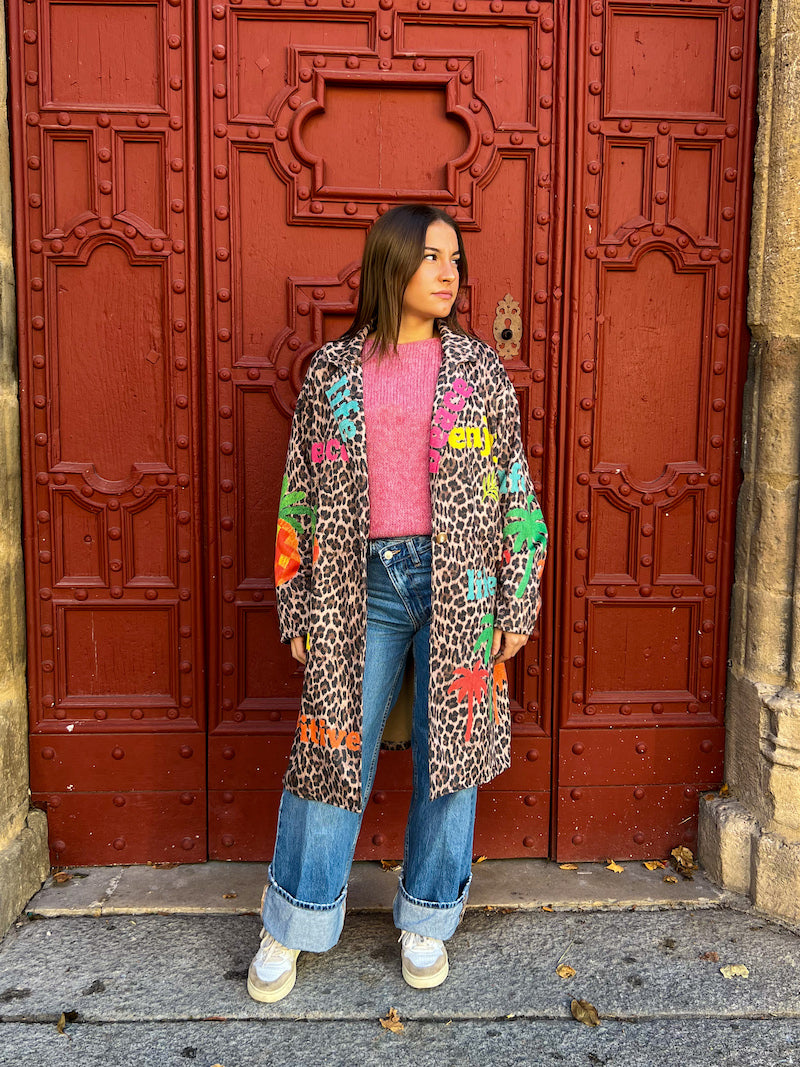 Manteau long imprimé léopard et motif fluo Ananas - Enjoy - Palmiers