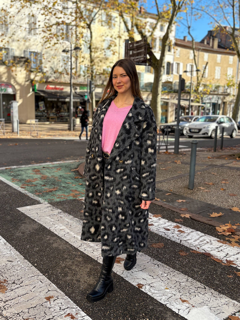 Manteau long en laine motif léopard