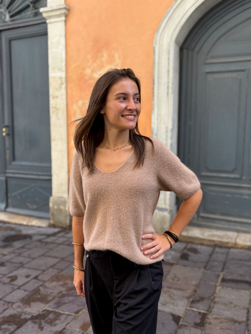 pull beige manches 3/4 en alpaga tendance pour femme