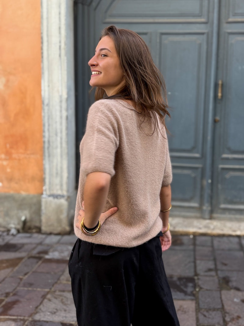 pull manches 3/4 en alpaga beige pour femme