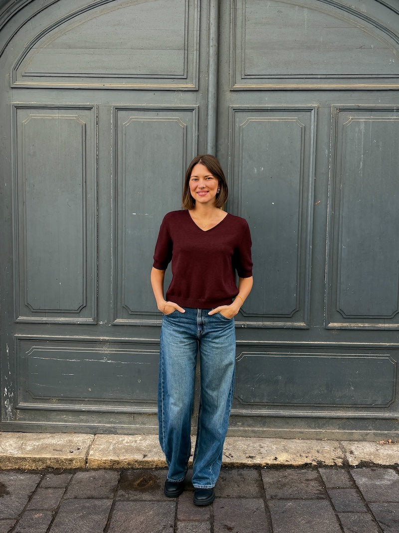 Pull en maille à manches 3/4 et col V