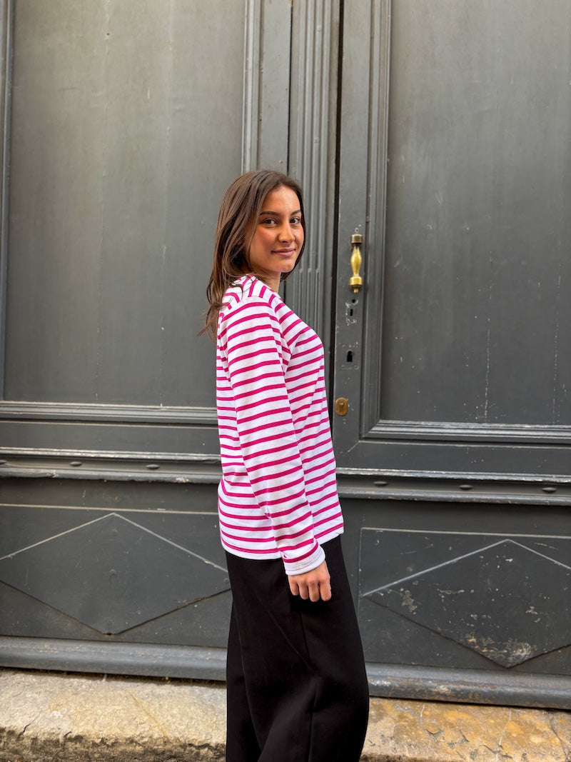 T-shirt à manches longues rayé rose et blanc - Love by MD