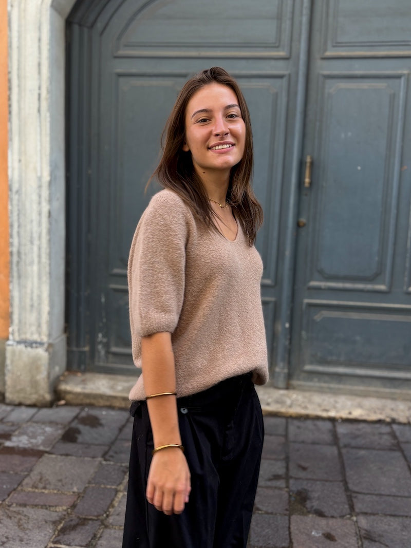 pull manches 3/4 beige en alpaga tendance pour femme