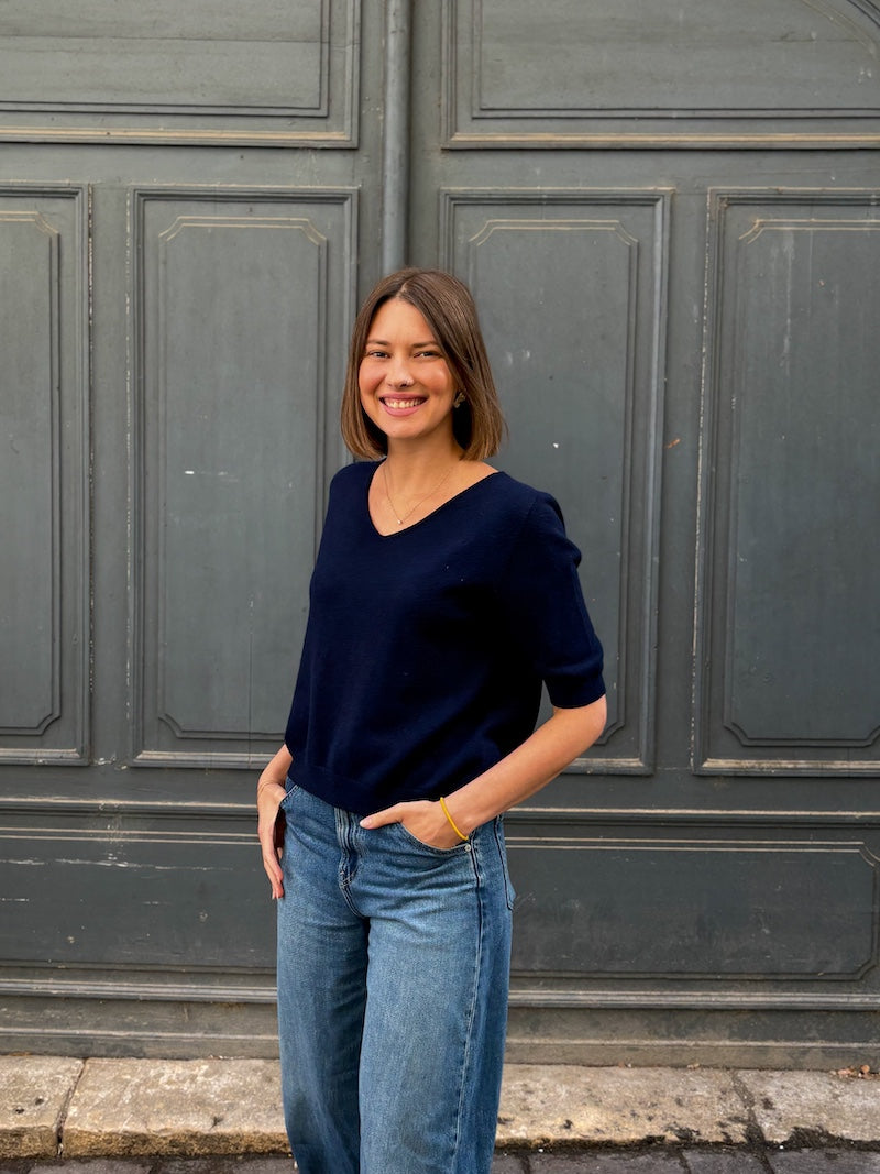Pull en maille à manches 3/4 et col V