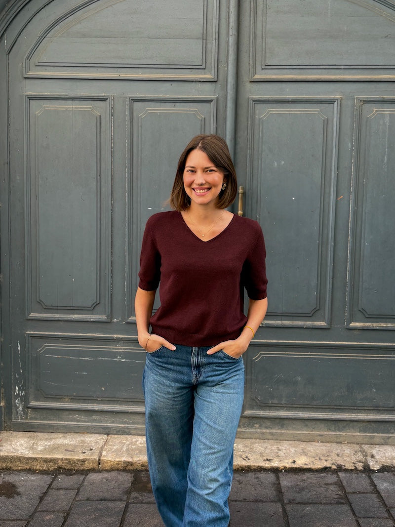 Pull en maille à manches 3/4 et col V