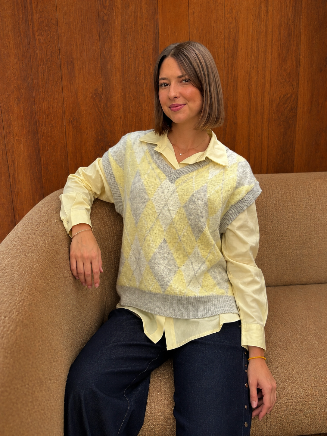 pull sans manches tendance en laine jacquard losanges