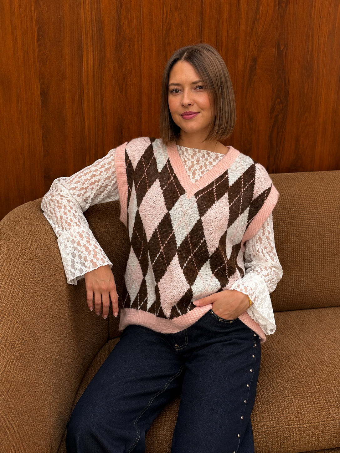 pull sans manches tendance imprimé losanges et jacquard