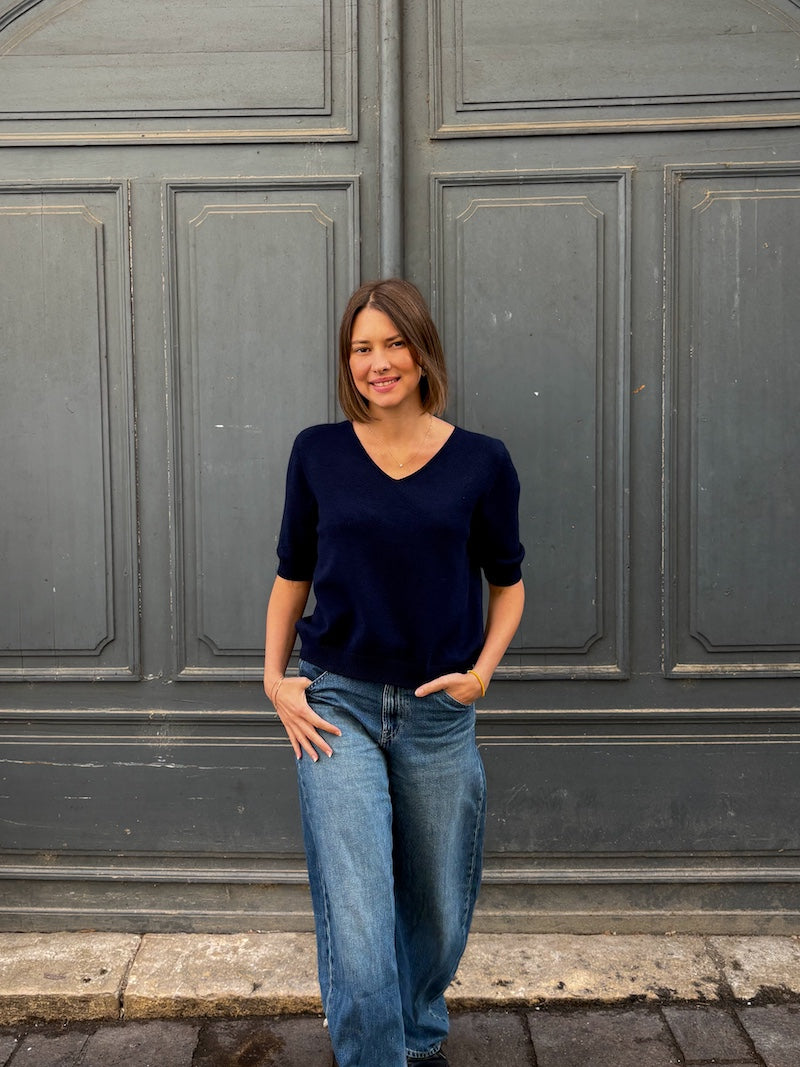 Pull en maille à manches 3/4 et col V