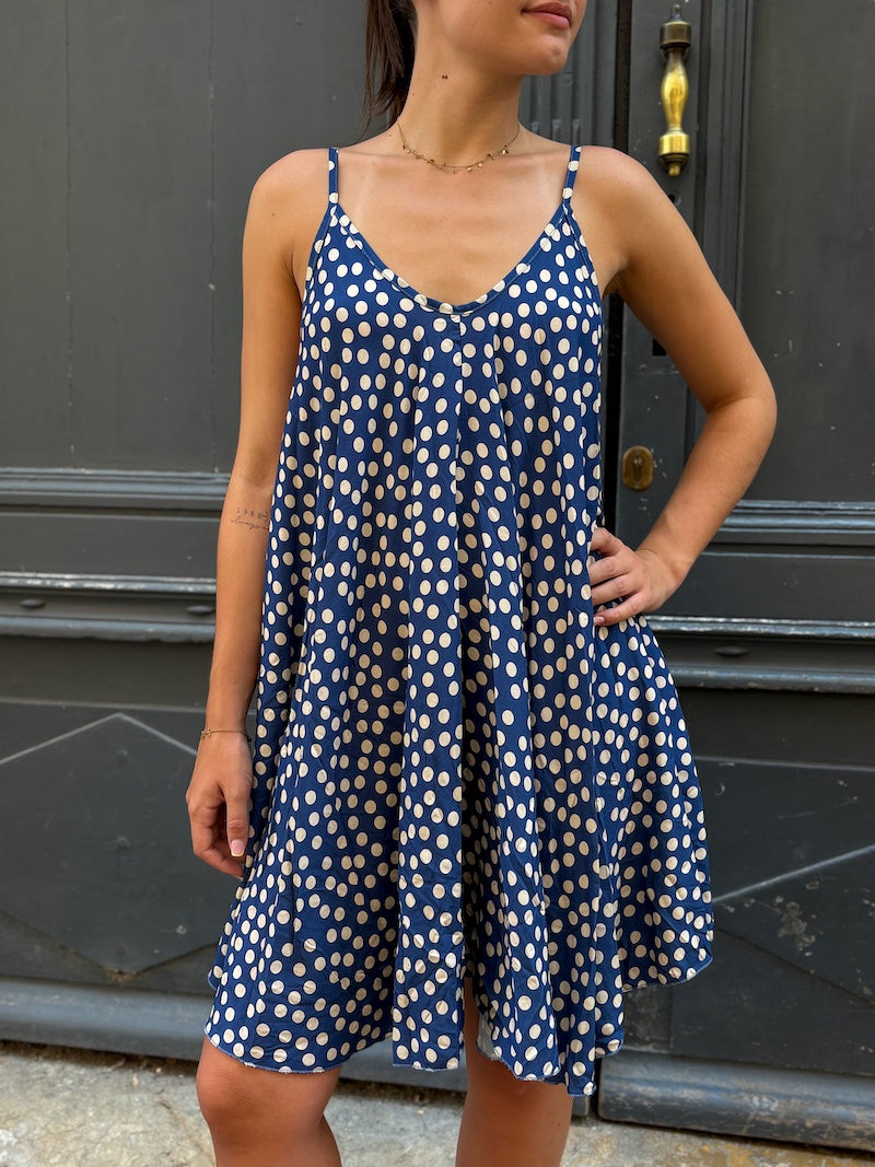 Robe fluide beu marine à pois