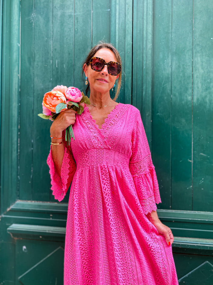 Robe bohème longue en dentelle rose