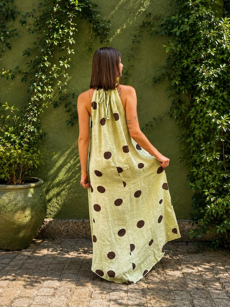 Robe longue verte à pois