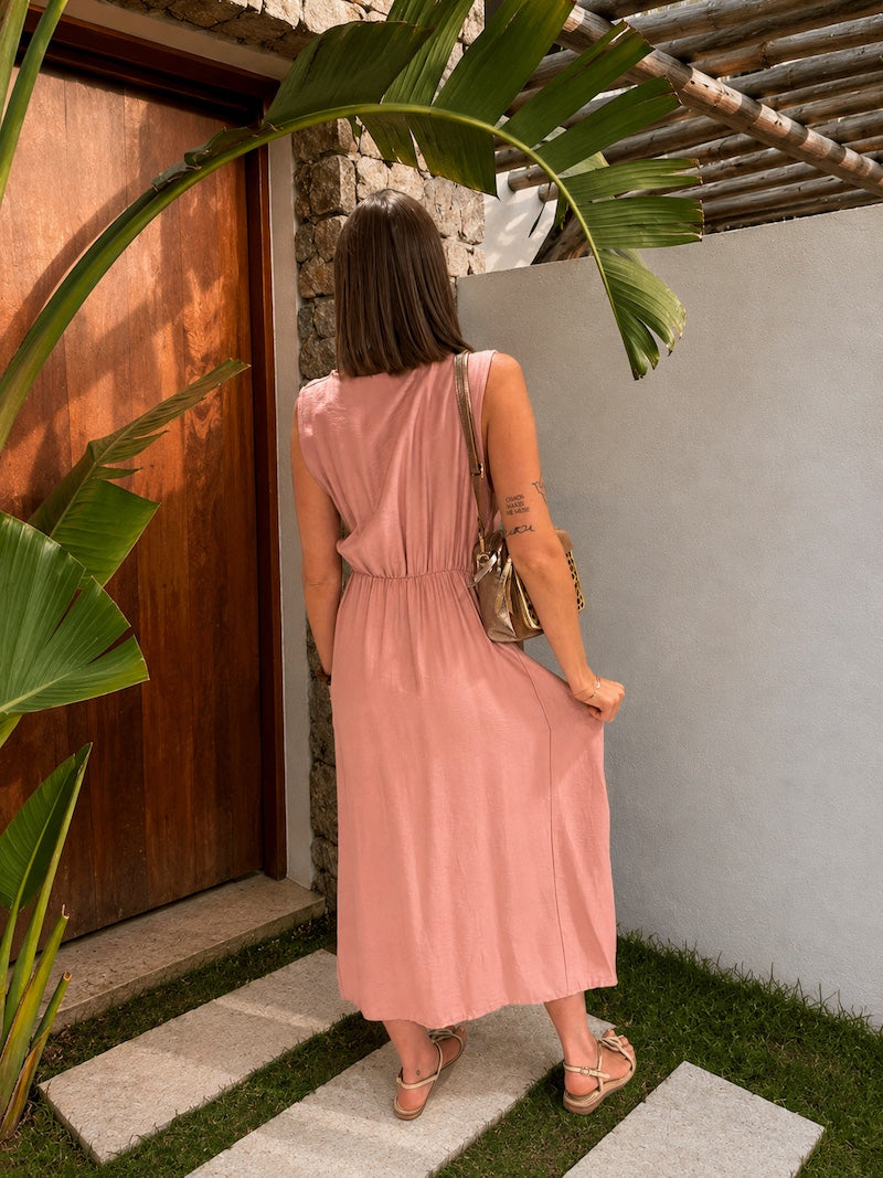 Robe longue rose poudrée plissée - Bohème et chic