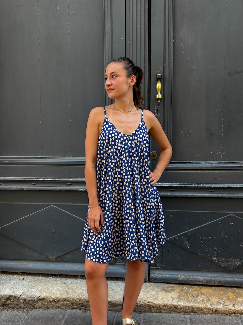 Robe fluide beu marine à pois