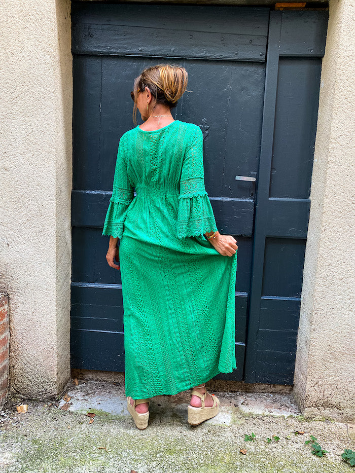 Robe longue bohème en dentelle verte